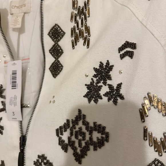 NWT Chico's White Denim Bomber Jacket 3 (xl) Stunning embellished design - Picture 2 of 5
